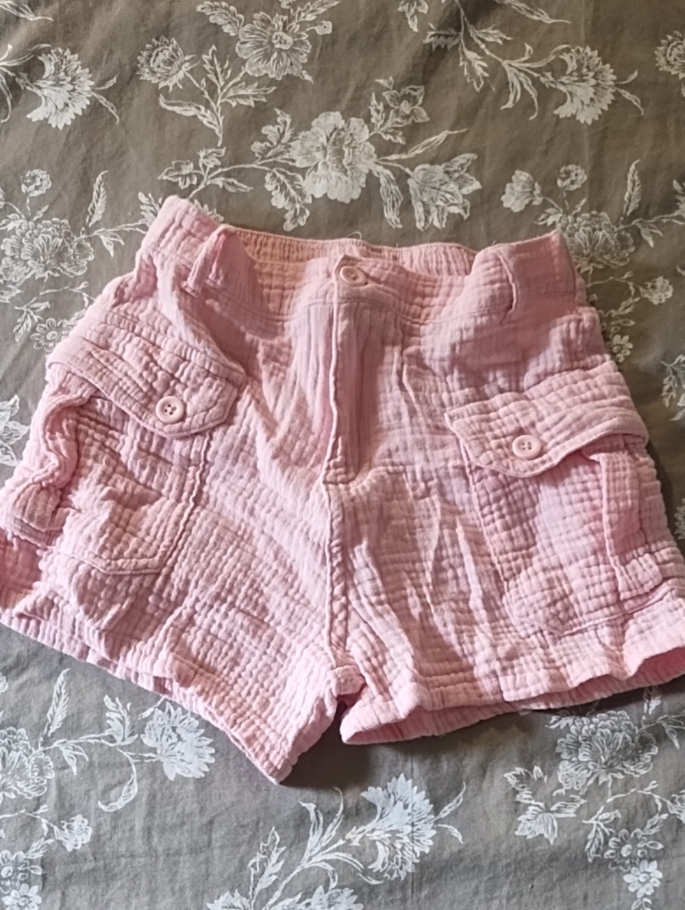 Girls Pink Gauze Cargo Shorts with Button Flap Pockets